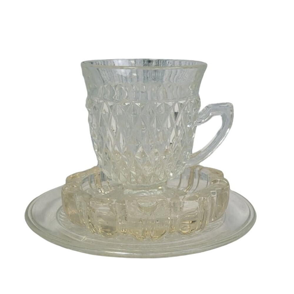 3 Vintage Cut Clear Diamond Pattern Glass Mug Plate Ashtray Mismatched Set
